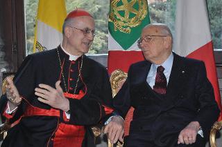 Il Presidente Giorgio Napolitano a Palazzo Borromeo con il Cardinale Bertone in occasione della ricorrenza della firma dei Patti Lateranensi e dell'Accordo di Revisione del Concordato