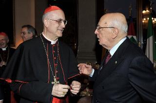Il Presidente Giorgio Napolitano e Sua Eminenza il Cardinale Tarcisio Bertone, Segretario di Stato Vaticano, in occasione della ricorrenza della firma dei Patti Lateranensi e dell'Accordo di Revisione del Concordato