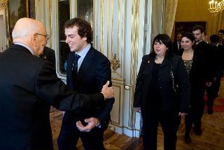 Il Presidente Giorgio Napolitano riceve una delegazione di varie associazioni degli &quot;Angeli del fango&quot;, i giovani volontari che si sono prodigati nelle operazioni di soccorso durante l'alluvione che ha colpito Genova nel novembre 2011