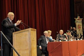 Il Presidente Giorgio Napolitano durante il suo intervento in occasione del Convegno dal titolo "Il contributo della Sardegna all'Unità d'Italia" al Teatro Lirico di Cagliari