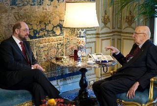 Il Presidente Giorgio Napolitano nel corso dei colloqui con il Presidente del Parlamento Europeo Martin Schulz