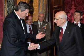 Il Presidente Giorgio Napolitano con il Signor Alain Le Roy, nuovo Ambasciatore della Repubblica Francese, in occasione della presentazione delle Lettere Credenziali