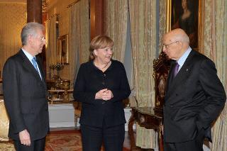 Un momento dell'incontro del Presidente della Repubblica Giorgio Napolitano con la Signora Angela Merkel, Cancelliere della Repubblica Federale di Germania e Mario Monti Presidente del Consiglio dei ministri