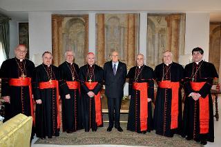 Il Presidente Giorgio Napolitano con i nuovi Cardinali italiani nominati nel Concistoro del 18 febbraio 2012. Nella foto da sinistra i Cardinali: Veglio, Bertello, Versaldi, Coccopalmerio, Filoni, Calcagno e Betori