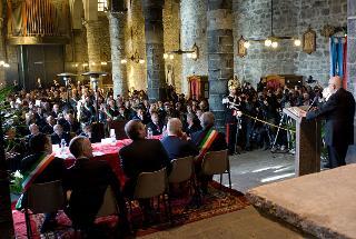 Il Presidente della Repubblica Giorgio Napolitano nel corso del suo intervento al Convegno &quot;Dall'emergenza alla prevenzione. Risorse e politiche per il territorio&quot;