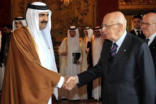 Il Presidente Giorgio Napolitano con S.A. lo Sceicco Hamad Bin Khalifa Al-Thani, Emiro dello Stato del Qatar al termine dei colloqui