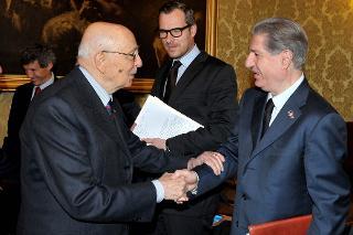 Il Presidente Giorgio Napolitano con il Dott. Amine Gemayel, Presidente del Partito Kataeb in occasione del Convegno &quot;L'Unione Europea e le strategie di stabilizzazione politica e sociale dei Paesi extraeuropei del Mediterraneo&quot;
