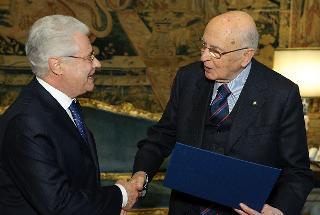 Il Presidente Giorgio Napolitano con il Presidente delle Poste Italiane, Giovanni Ialongo, per la presentazione dei francobolli celebrativi della Lira italiana nel 150° anniversario dell'unificazione del sistema monetario nazionale