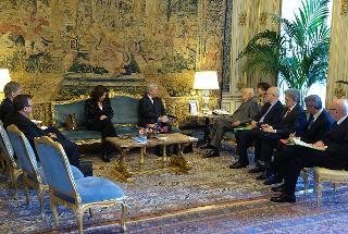 Il Presidente Giorgio Napolitano nel corso dei colloqui con Nicolas Bratza, Presidente della Corte europea dei diritti dell'Uomo, al centro il Ministro della Giustizia Paola Severino