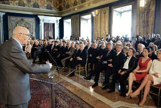 Il Presidente Giorgio Napolitano nel corso dell'intervento alla cerimonia di presentazione dei candidati ai Premi &quot;David di Donatello&quot; per l'anno 2012