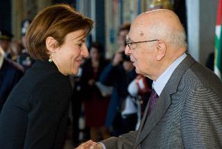 Il Presidente Giorgio Napolitano con Michela Cescno, nel corso della cerimonia di presentazione dei candidati ai Premi &quot;David di Donatello&quot; per l'anno 2012