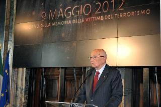 Il Presidente Giorgio Napolitano durante il suo intervento in occasione del Giorno della Memoria dedicato alle vittime del terrorismo