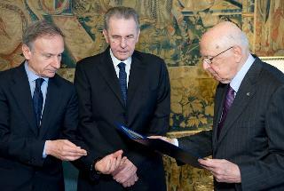 Il Presidente Giorgio Napolitano con Jacques Rogge, Presidente del CIO e Giovanni Petrucci, Presidente del CONI