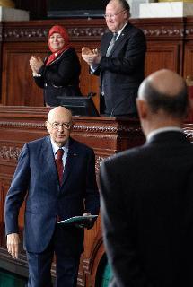 Il Presidente della Repubblica Giorgio Napolitano al termine dell'intervento all'Assemblea Nazionale Costituente