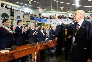Il Presidente Giorgio Napolitano lascia l'aula bunker, al termine della cerimonia commemorativa del Giudice Giovanni Falcone, nel ventennale dell'assasinio