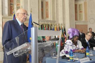 Il Presidente Giorgio Napolitano durante il suo intervento in occasione della celebrazione della &quot;Giornata dell'Africa&quot;, a Villa Madama
