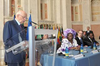 Il Presidente Giorgio Napolitano durante il suo intervento in occasione della celebrazione della &quot;Giornata dell'Africa&quot;, a Villa Madama