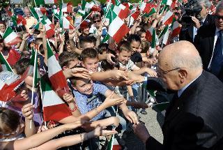 Il Presidente Giorgio Napolitano al suo arrivo a Cargnacco in occasione della visita al Tempio Sacrario della città
