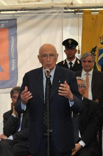 Il Presidente Giorgio Napolitano durante il suo intervento in occasione della visita alle zone terremotate dell'Emilia Romagna