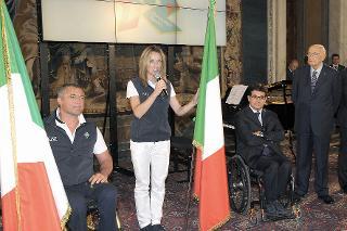 Il Presidente Giorgio Napolitano in un momento della cerimonia di consegna della Bandiera Italiana agli atleti italiani in partenza per i Giochi Olimpici e Paralimpici di Londra 2012