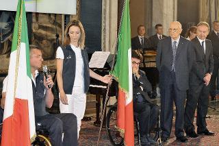 Il Presidente Giorgio Napolitano nel corso della cerimonia di consegna della Bandiera agli atleti italiani in partenza per i Giochi Olimpici e Paralimpici di Londra 2012