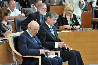 Il Presidente Giorgio Napolitano e il Presidente della Repubblica di Slovenia Danilo Turk all'Assemblea Nazionale