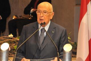 Il Presidente Giorgio Napolitano durante il suo intervento dopo aver ricevuto l'onorificenza di Grand'Ordine di Merito della Provincia Autonoma di Bolzano
