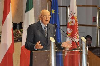 Il Presidente Giorgio Napolitano durante il suo intervento dopo aver ricevuto l'onorificenza di Grand'Ordine di Merito della Provincia Autonoma di Bolzano