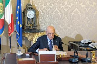Il Presidente Giorgio Napolitano nel corso del collegamento in videoconferenza con il Forum Villa d'Este &quot;Lo scenario di oggi e di domani per le strategie competitive&quot; organizzato da &quot;The European House - Ambrosetti