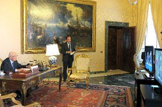 Il Presidente Giorgio Napolitano nel corso del collegamento in videoconferenza con il Forum Villa d'Este &quot;Lo scenario di oggi e di domani per le strategie competitive&quot; organizzato da &quot;The European House - Ambrosetti