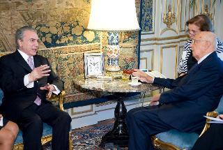Il Presidente Giorgio Napolitano nel corso dei colloqui con Michel Temer, Vice Presidente della Repubblica Federativa del Brasile