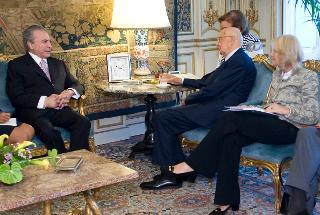 Il Presidente Giorgio Napolitano con a fianco il Sottosegretario di Stato degli Affari Esteri Marta Dassù nel corso dei colloqui con Michel Temer, Vice Presidente della Repubblica Federativa del Brasile