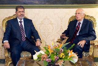 Il Presidente Giorgio Napolitano nel corso dei colloqui con Mohamed Morsi, Presidente della Repubblica Araba d'Egitto