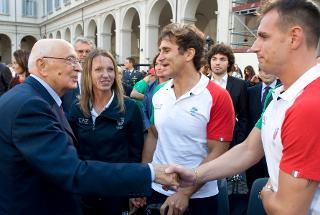 Il Presidente Giorgio Napolitano saluta gli Olimpionici Valentina Vezzali, Alex Zanardi e Carlo Molfetta