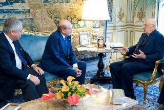 Il Presidente Giorgio Napolitano nel corso dei colloqui con Benito Benedini e Antonio D'Amato, rispettivamente Presidente della Federazione Nazionale dei Cavalieri del Lavoro e Presidente del Gruppo del Mezzogiorno