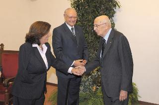 Il Presidente Napolitano con il Ministro della Giustizia Paola Severino e il Presidente della Corte costituzionale, Alfonso Quaranta alla Scuola Superiore della Magistratura