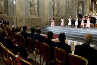 Il Presidente Giorgio Napolitano con Demetris Christofias, Presidente della Repubblica di Cipro durante il concerto nella Cappella Paolina eseguito dal gruppo &quot;Cyprus Young Strings Soloists&quot;