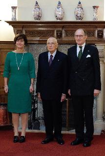 Il Presidente Giorgio Napolitano con il Presidente della Camera dei deputati Anouchka van Miltenburg e il Presidente del Senato Fred De Graaf