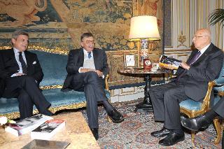 Il Presidente della Repubblica Giorgio Napolitano con Maurizio Serra e Cesare De Michelis per la presentazione del libro &quot;Malaparte. Vite e Leggende&quot;