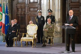 Il Presidente Giorgio Napolitano rivolge il suo indirizzo di saluto in occasione della cerimonia di consegna delle insegne dell'Ordine Militare d'Italia conferite nell'anno 2012.