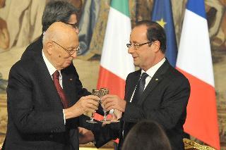 Il Presidente Giorgio Napolitano e il Presidente della Repubblica francese Francois Hollande in occasione del Brindisi al Pranzo di Stato