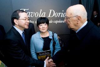 Il Presidente Giorgio Napolitano con il Direttore del Tokyo Fuji Art Museum, Akira Gokita, in occasione dell'inaugurazione della mostra dal titolo: &quot;Il rientro di un grande capolavoro&quot;
