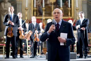 Il Presidente Giorgio Napolitano rivolge il suo indirizzo di saluto al termine del concerto della Wiener Dammer Orchester