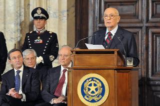 Il Presidente Giorgio Napolitano durante il suo intervento in occasione della cerimonia per lo scambio degli auguri di fine anno alle Alte Cariche dello Stato