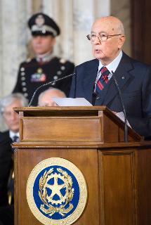Il Presidente Giorgio Napolitano nel corso del suo intervento in occasione della cerimonia per lo scambio degli auguri di fine anno con le Alte Cariche dello Stato