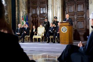 Il Presidente Giorgio Napolitano nel corso del suo intervento in occasione della cerimonia per lo scambio degli auguri di fine anno con le Alte Cariche dello Stato
