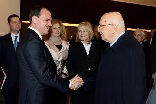 Il Presidente Giorgio Napolitano si congeda dal Presidente della Repubblica di Albania il Signor Bujar Nishani al termine della visita alla mostra dal titolo &quot;I tesori della tradizione culturale albanese&quot;