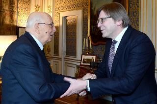 Il Presidente Giorgio Napolitano accoglie Guy Verhofstadt, Presidente del Gruppo &quot;Alleanza dei Democratici e dei Liberali per l'Europa&quot; al Parlamento Europeo