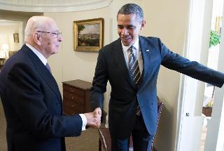 Il Presidente Giorgio Napolitano accolto dal Presidente degli Stati Uniti D'America Barack Obama
