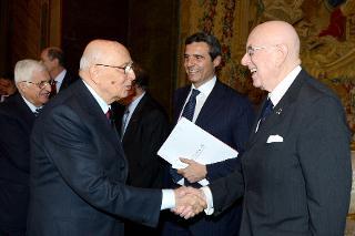 Il Presidente Giorgio Napolitano con il Cav. Lav. Dott. Mario Boselli, Presidente della Camera Nazionale della Moda Italiana in occasione della &quot;Giornata Qualità Italia&quot;